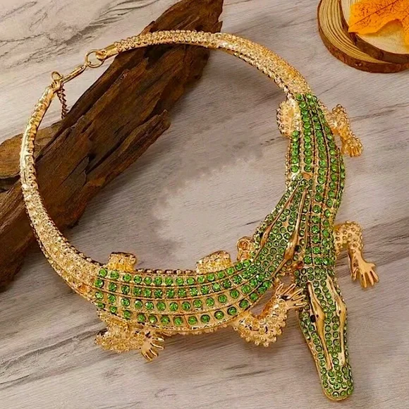 Gold Mint Green Crocodile Alligator Choker Statement Necklace Double Headed - Picture 3 of 4